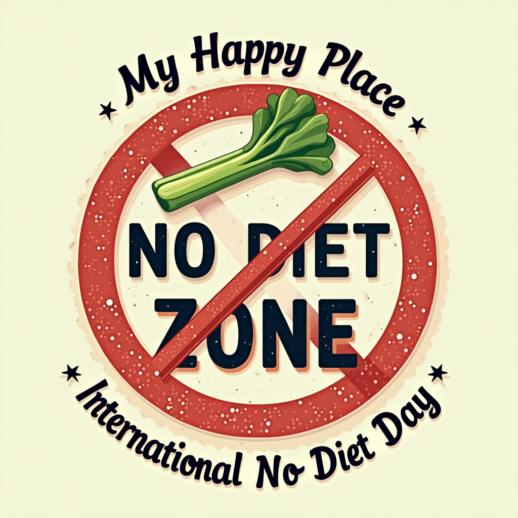 A retro, circular badge-style design stating 'NO DIET ZONE' with a crossed-out image of a traditional diet food (like plain celery) or a scale. Text above: 'My Happy Place.' Text below: 'International No Diet Day.'