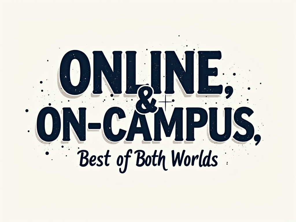 A design featuring two distinct typographic lockups that interact. 'ONLINE' is set in a modern, sans-serif, perhaps slightly pixelated or tech-inspired font, while 'ON-CAMPUS' is in a more traditional, serif, or collegiate-style font. These two phrases are creatively intertwined or balanced, with an ampersand or a connecting graphic element between them. The tagline 'Best of Both Worlds' appears as a supportive element.
