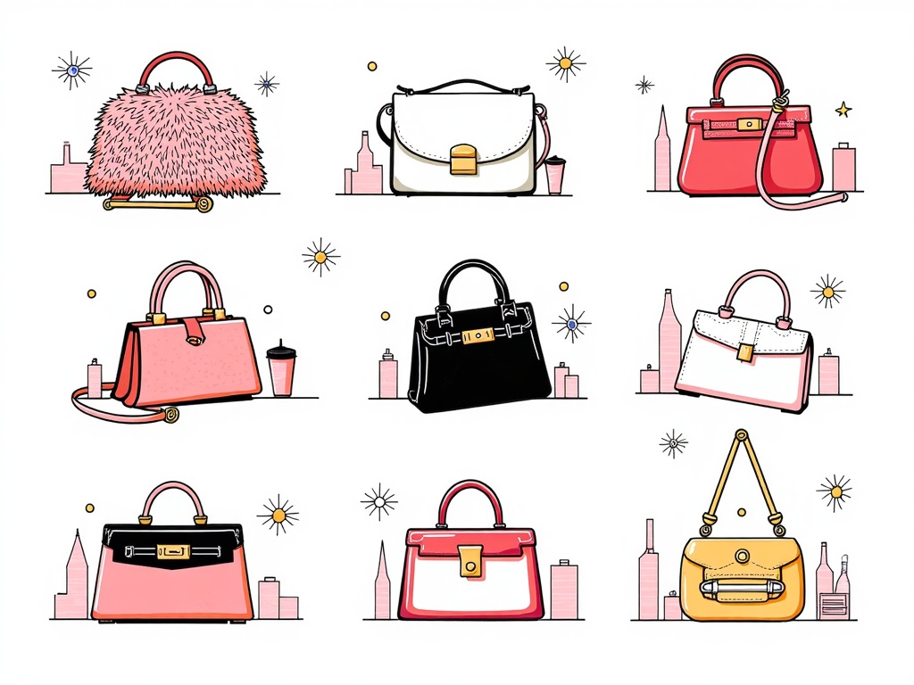 Macro Focus on Statement Handbags: A series of detailed illustrations focusing on unique NYFW handbags, emphasizing their distinct textures (e.g., faux fur, patent leather, intricate beadwork) and hardware, with subtle runway or iconic NYC venue backgrounds.