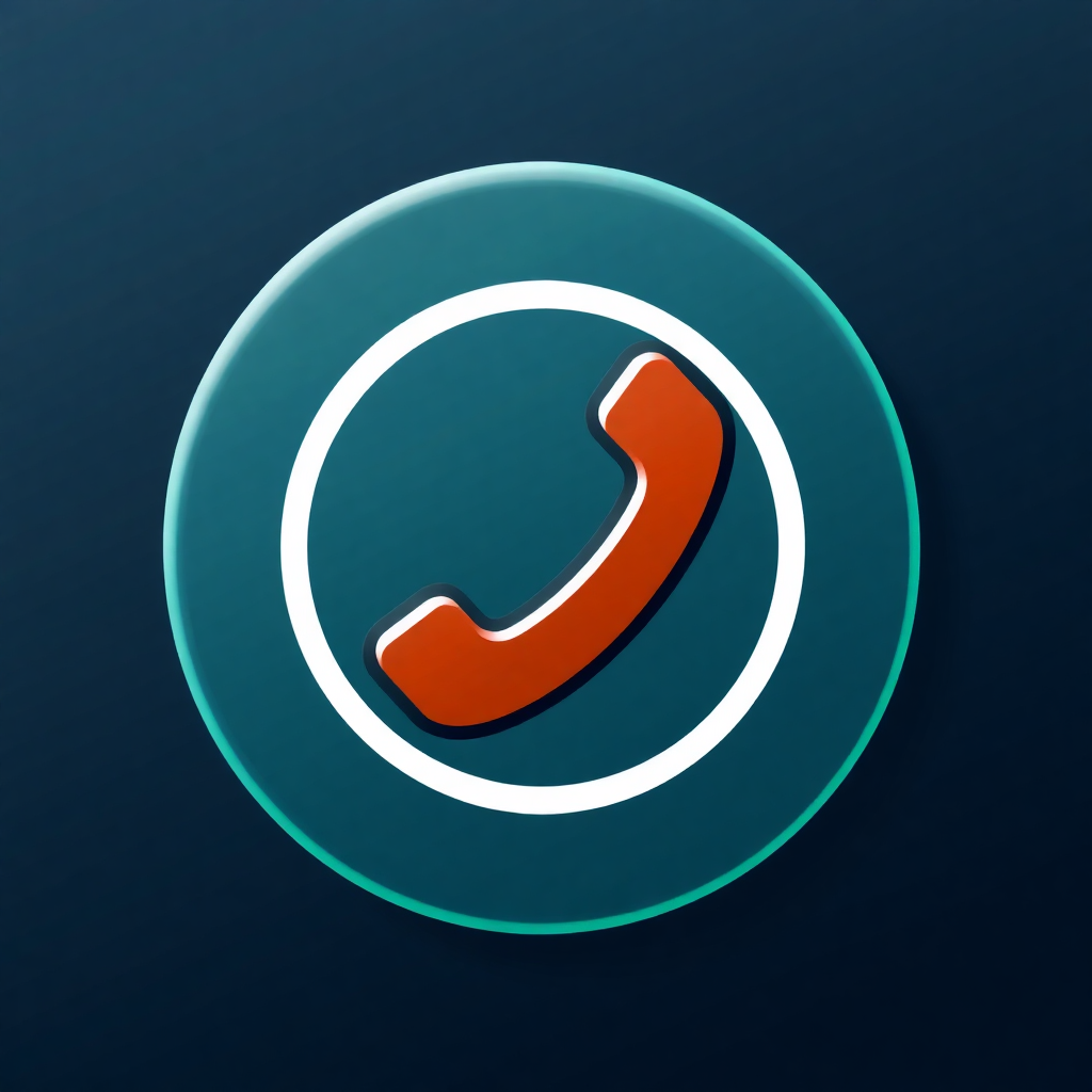 The image is a circular icon with a dark blue background. In the center of the icon, there is a white circle with an orange phone receiver inside it. The phone receiver is curved and appears to be in the shape of a letter C. The overall design is simple and minimalistic.