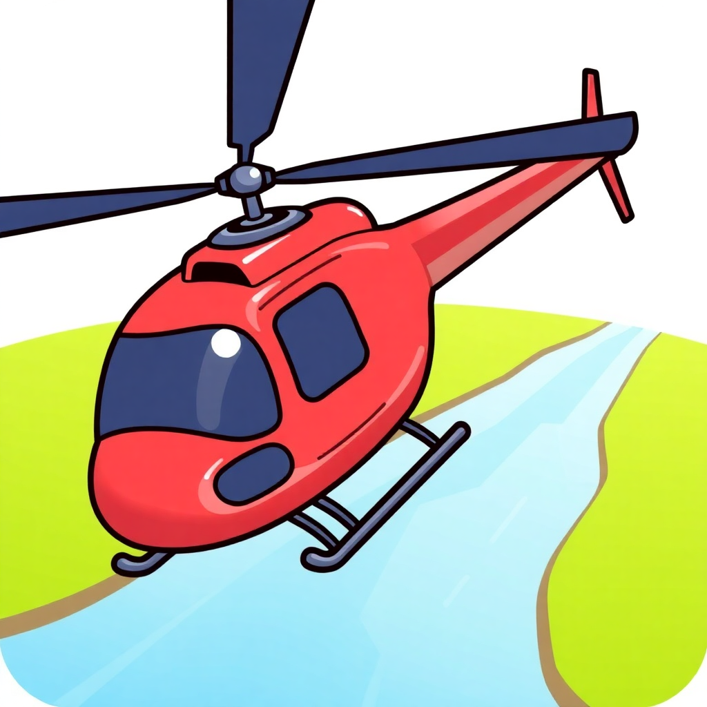 The image is a cartoon illustration of a red helicopter flying over a green landscape. The helicopter is in the center of the image, with its body facing towards the left side of the frame. It has a pointed nose and two propellers on either side. The body of the helicopter is a bright red color, with a black stripe running along the side. It appears to be in mid-flight, as if it is about to take off or land. The background is a light blue sky with a few white clouds. The landscape below is a mix of green and yellow hues, with patches of blue and green.