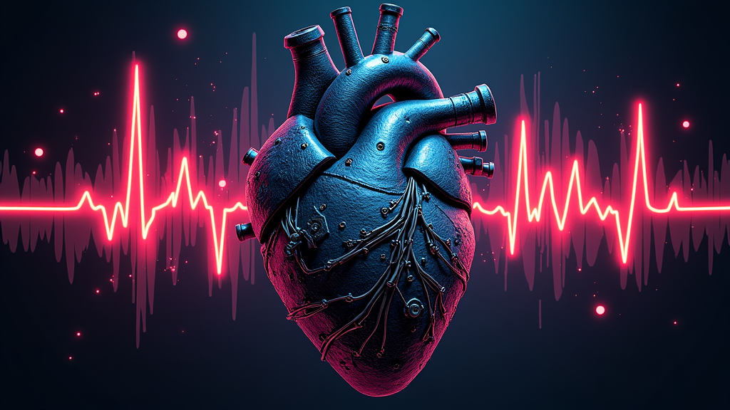 Biomechanical Bass Heartbeat: Design depicting the Basspod as a mechanical heart, with EKG-like soundwaves, industrial textures, and neon accents signifying 'beats'.