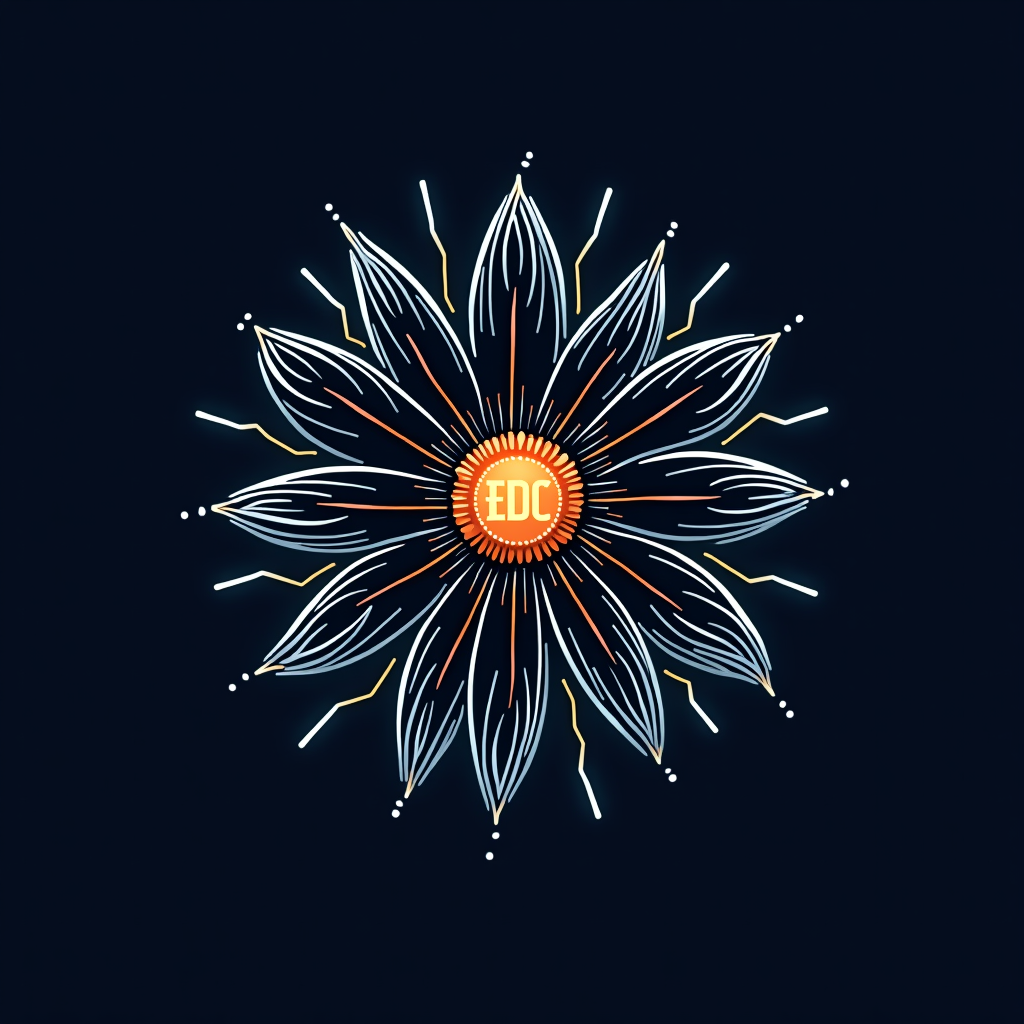 Simple Circuit Daisy Icon Idea: A clean, iconic representation of a daisy where the petals are clearly defined by sharp, glowing circuit board lines. The center of the daisy could be a simple, bright circular element or subtly incorporate the initials 'EDC'. This icon would be suitable for a breast pocket print or as a recurring motif within a larger design.