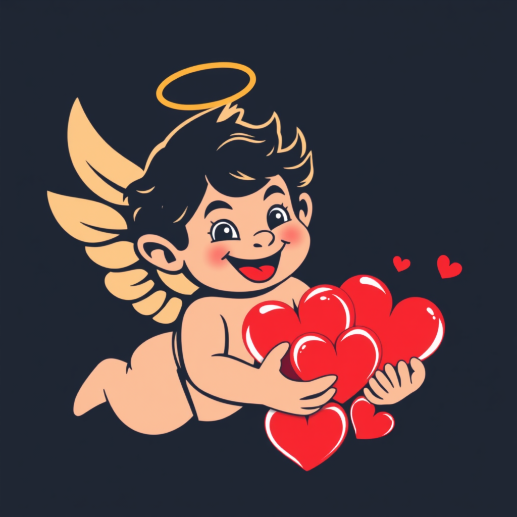 A cupid icon with a mischievous smile, holding a handful of hearts.