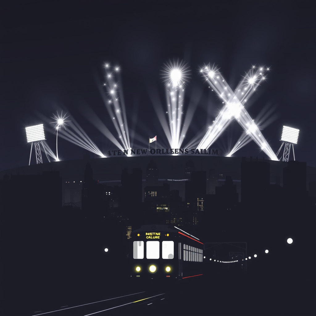 Sub-Design Idea 5: Nighttime Spectacle Silhouette - A silhouetted New Orleans cityscape featuring a clearly recognizable streetcar moving along its tracks. Above, the night sky is dominated by the powerful, distinct rays of stadium lights creating an atmospheric and celebratory scene. 'LIX' could be formed by light bursts, cleverly arranged stars, or integrated into the illuminated skyline.