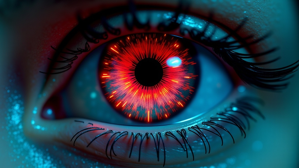Intense Gaze: A hyper-detailed close-up focusing on the AI character's eyes, reflecting a cryptic digital code or a scene of imminent danger, with microscopic details in the iris or a subtle, unnerving 'red light' data processing effect.