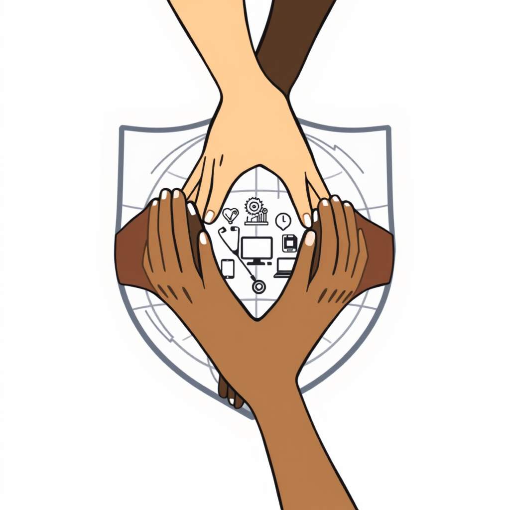 Interlocking hands in various skin tones forming a shield shape around a subtle line-art globe. Small icons representing different industries (gear, stethoscope, laptop) are within the globe.