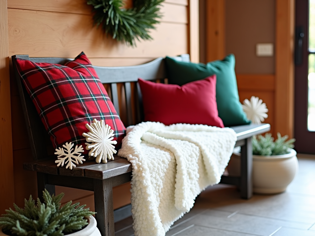 An entryway bench laden with plaid throw pillows in red and green, a fuzzy white throw blanket, and snowflake-shaped decor pieces, establishing a welcoming holiday atmosphere right at the door.