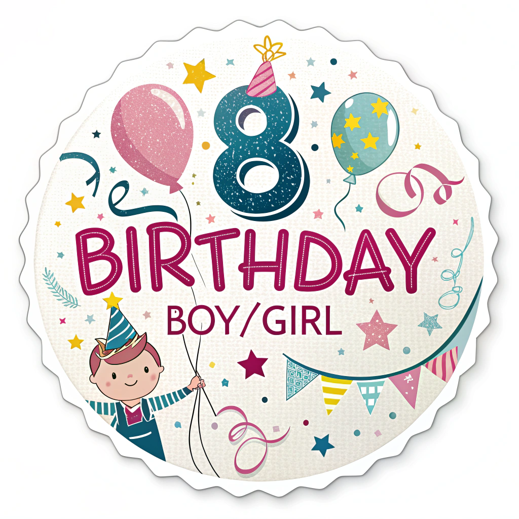 A sticker designed like a birthday badge or ribbon, displaying the age with the words 'Birthday Boy/Girl' or similar.