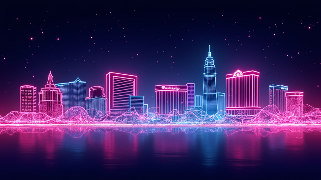 Neon Outline Skyline with Rhythmic Pulse: The Las Vegas skyline depicted in vibrant neon outlines (pinks, blues, purples). Abstract sound waves or light trails pulse across the skyline, emanating from a central point, with a dark, starry background. A stylized daisy could be subtly integrated.