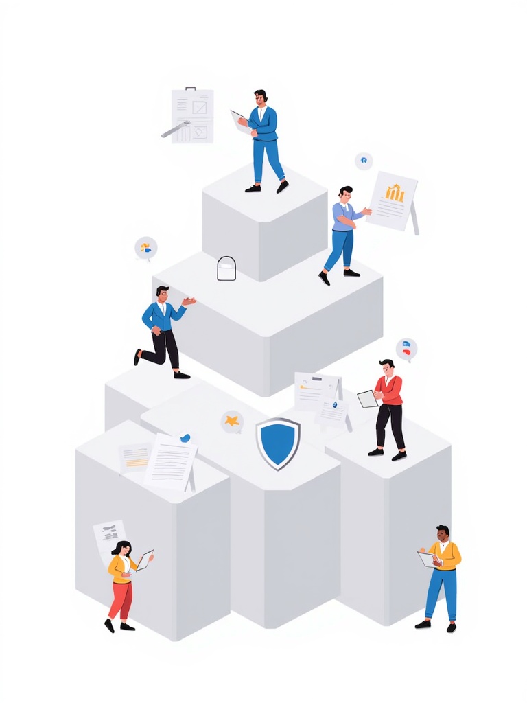 The Secure Foundation: Illustrate Microsoft platforms (cloud, devices, data) as layered, geometric shapes forming a solid, stable base. Integrate a subtle shield or interlocked elements into this foundation, symbolizing inherent security. Abstract users or developers interact confidently, with blueprint/schematic cues hinting at the 'Build' theme.