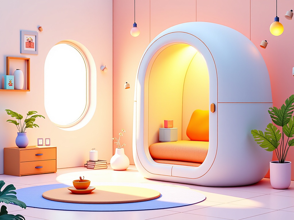 Sub Design Idea 5: 'Zen & Wellness Pod'. Illustration focusing on passenger well-being. The interior features calming design elements, dynamic bio-adaptive lighting, an advanced air purification system with visual indicators, and integrated noise-cancellation technology. The AI offers guided meditation, personalized relaxation playlists, or even biofeedback monitoring displayed on a subtle interface.