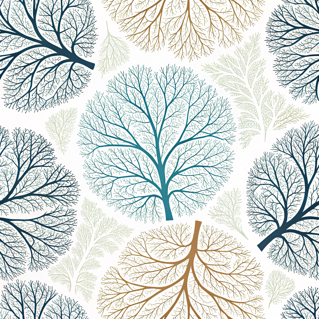 Network patterns based on leaf venation, tree branching algorithms, or fungal mycelium, optimized for efficient distribution or collection (e.g., light, heat, nutrients) in structural designs, urban planning, or energy systems.