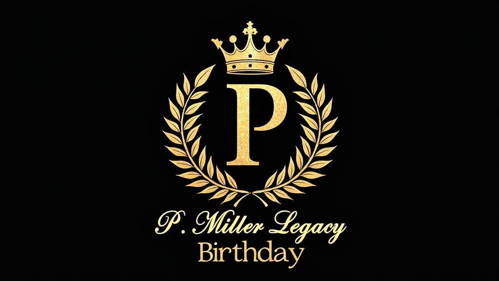 Regal 'King P' Crest: An opulent design featuring a custom 'P' monogram or crest with elements like a crown, laurel wreaths, or gold foil accents, signifying his 'king' status. 'P. Miller Legacy Birthday' in an elegant script.