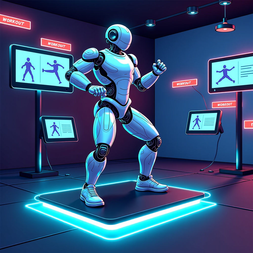  a futuristic robot in a gym. The robot is standing on a platform with a blue light shining on it. It is wearing a white suit with a helmet and has a robotic arm and legs. It appears to be in motion, with its arms and legs stretched out in front of it. In the background, there are two large screens displaying workout images and text. The room is dimly lit with red and blue neon lights. The overall mood of the image is energetic and futuristic.