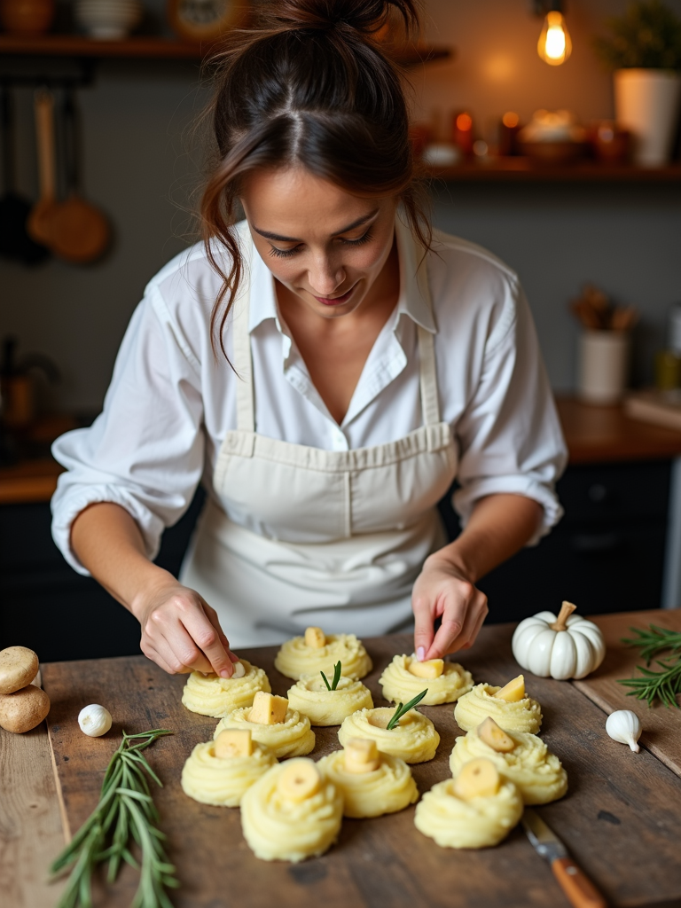 A food stylist arranging mashed potatoes into artistic shapes, using slices of roasted garlic and sprigs of rosemary for added flair.