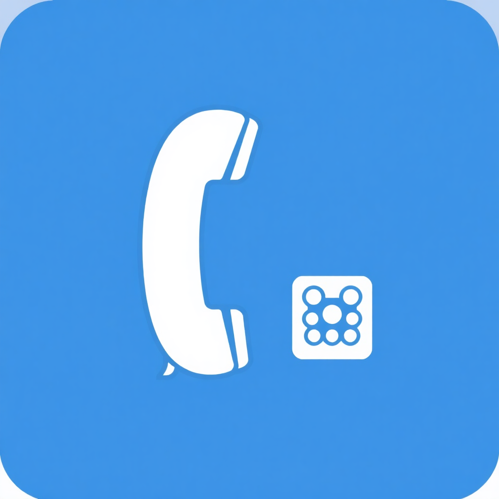 The image is a square icon with a blue background. In the center of the icon, there is a white telephone receiver with a curved handle. The receiver is facing towards the right side of the image. On the bottom right corner, there are six small white circles arranged in a grid-like pattern. The overall design is simple and minimalistic.