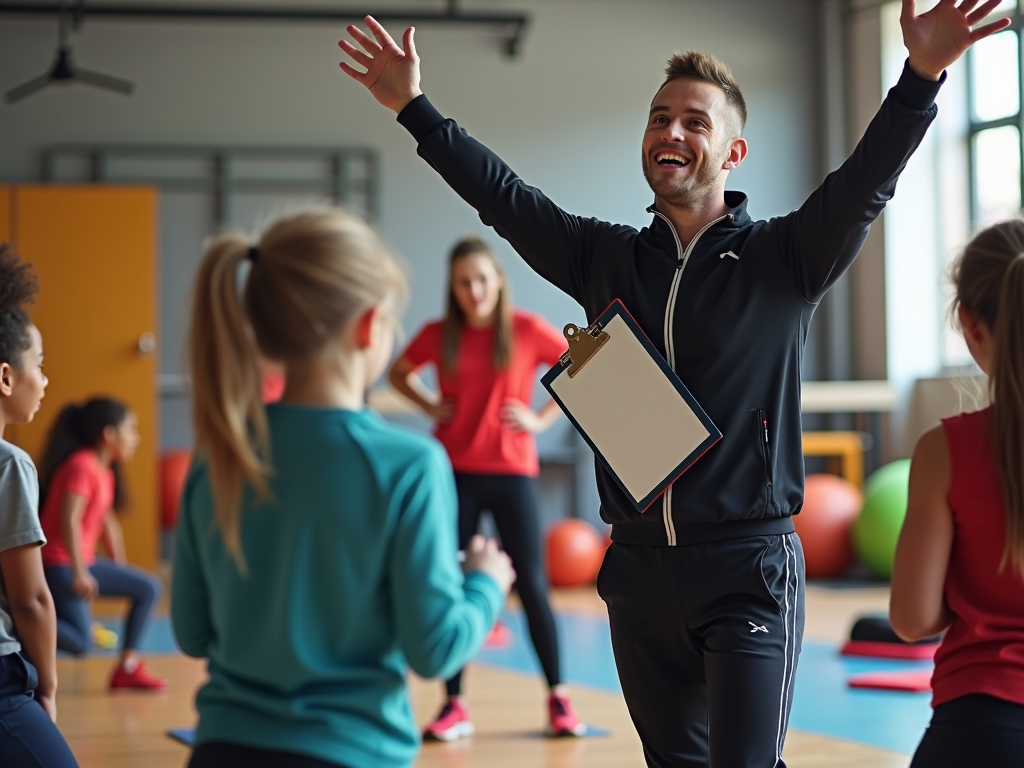 A gym teacher energetically holds a clipboard, while demonstrating a new workout routine to enthusiastic students. The gym background is filled with sports equipment such as basketballs and ropes.