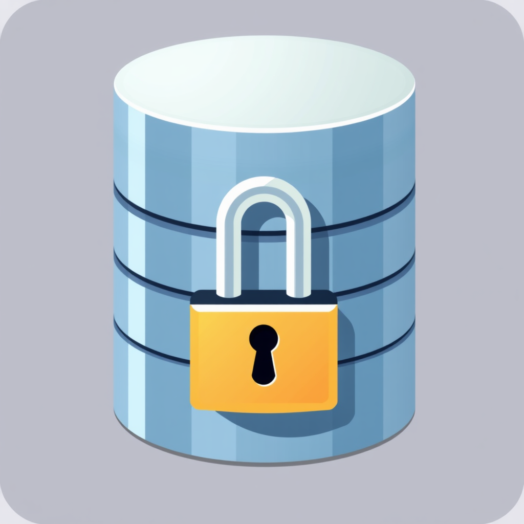 Stacked database cylinder icons, representing data storage, with a prominent padlock or digital keyhole on the front, emphasizing encryption and secure data.