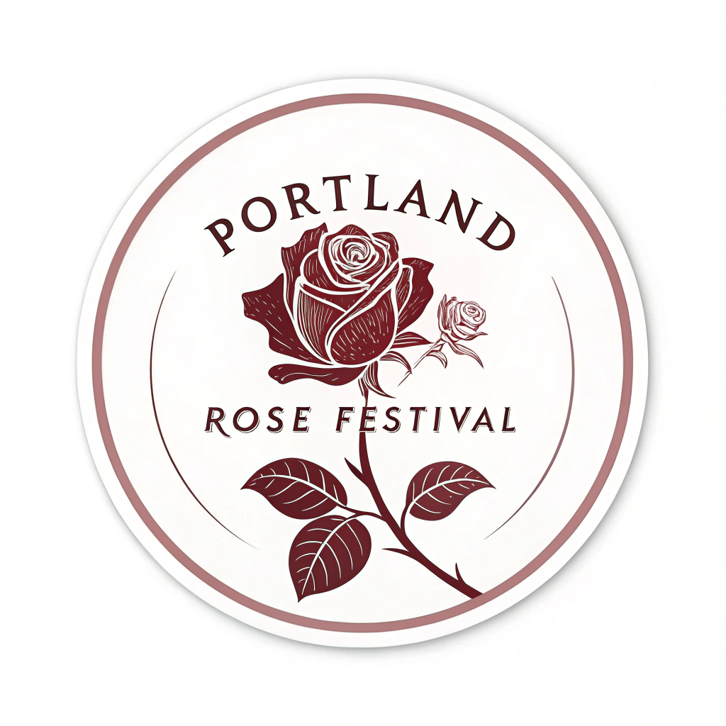 Simple Idea: A minimalist vintage rose emblem featuring a single, stylized rose silhouette in a solid vintage color (e.g., faded red or dusty pink) within a clean circular border. 'Portland Rose Festival' in a simple, period-appropriate sans-serif font arched above or below the rose.