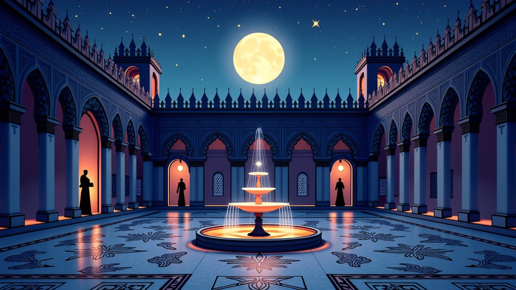 Detailed illustration of a moonlit palace courtyard featuring a central ornate fountain, intricate tilework (Zellige patterns), and a focus on pointed arches and muqarnas in the surrounding architecture. Silhouettes of characters could be subtly present on balconies or in shadowy alcoves.