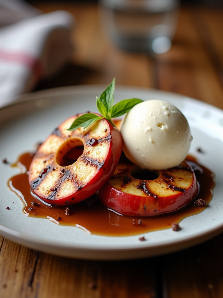 A deconstructed dessert of grilled apple slices with a Nutella drizzle and a scoop of vanilla ice cream.