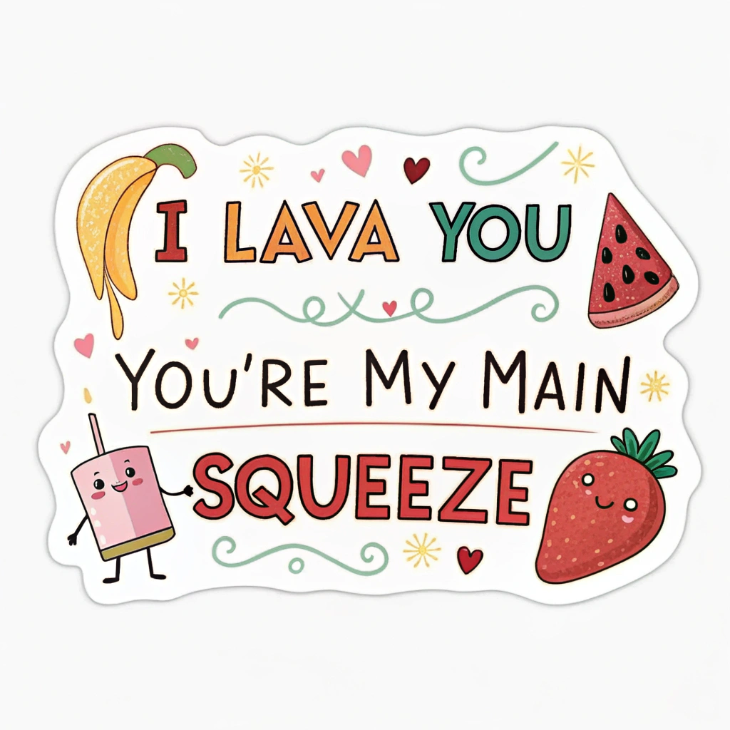 Create hand-lettered messages with playful puns related to love, such as 'I Lava You' or 'You're My Main Squeeze', in a fun, whimsical style.