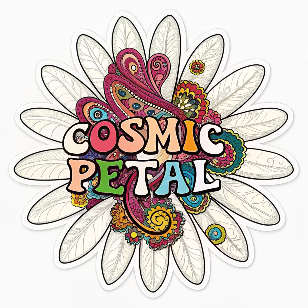 Psychedelic Bloom Daisy Sticker: An abstract daisy with morphing, melting petals featuring kaleidoscopic or paisley patterns in vibrant, clashing carnival colors. The words 'Cosmic Petal' could be woven into the design in a flowing, psychedelic font.