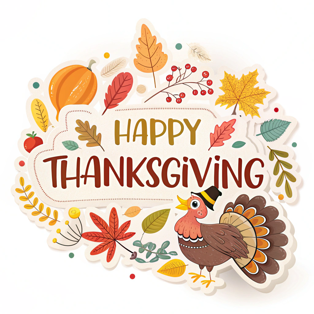 The image shows a happy Thanksgiving card with a turkey surrounded by autumn leaves and fruits. The card is decorated with a variety of colors, including red, orange, yellow, and green, and the turkey is wearing a pilgrim hat. The text on the card reads 