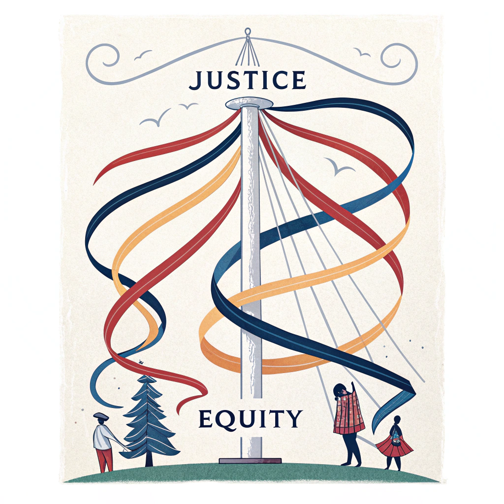 Sub-design 2 (Modern & Bold Graphic): A minimalist maypole with dynamic ribbons in a striking, limited color palette. Short, powerful demands (e.g., 'JUSTICE,' 'EQUITY') in a strong, contemporary sans-serif font.
