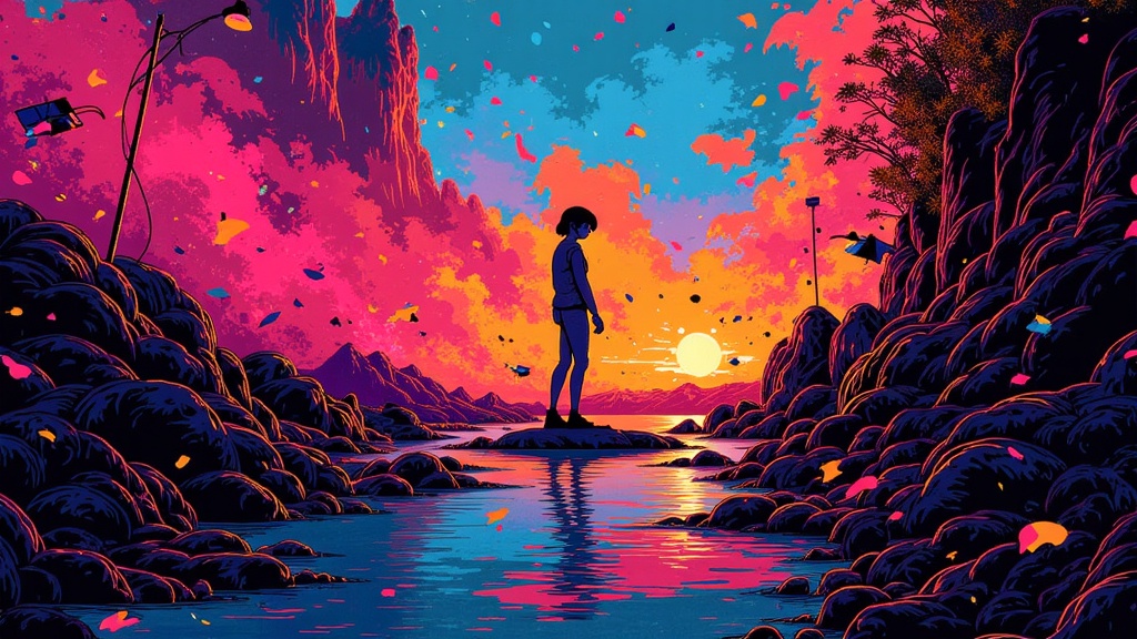 An abstract poster design that uses AI-generated textures and color palettes to evoke the mood of a fictional film. The 'illustration' component is less about objects and more about atmospheric, non-representational art, with the film title emerging subtly from the chaos.