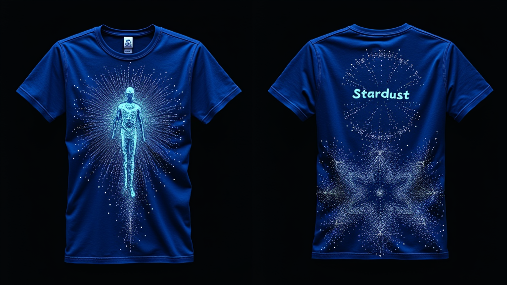 Stardust Trails with UV Reveal: A Burning Man T-shirt featuring fine lines and dots of glow-in-the-dark ink representing playa dust or stardust. Interactivity comes from hidden patterns or messages (like a subtle Man effigy or the year's theme word) within the stardust trails that are only revealed or become hyper-luminous when exposed to a UV blacklight.