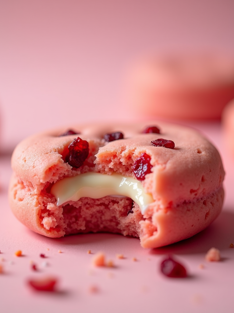 A soft, chewy cookie with a vibrant pink hue, studded with chunks of freeze-dried strawberries and a visible swirl of cream cheese filling.