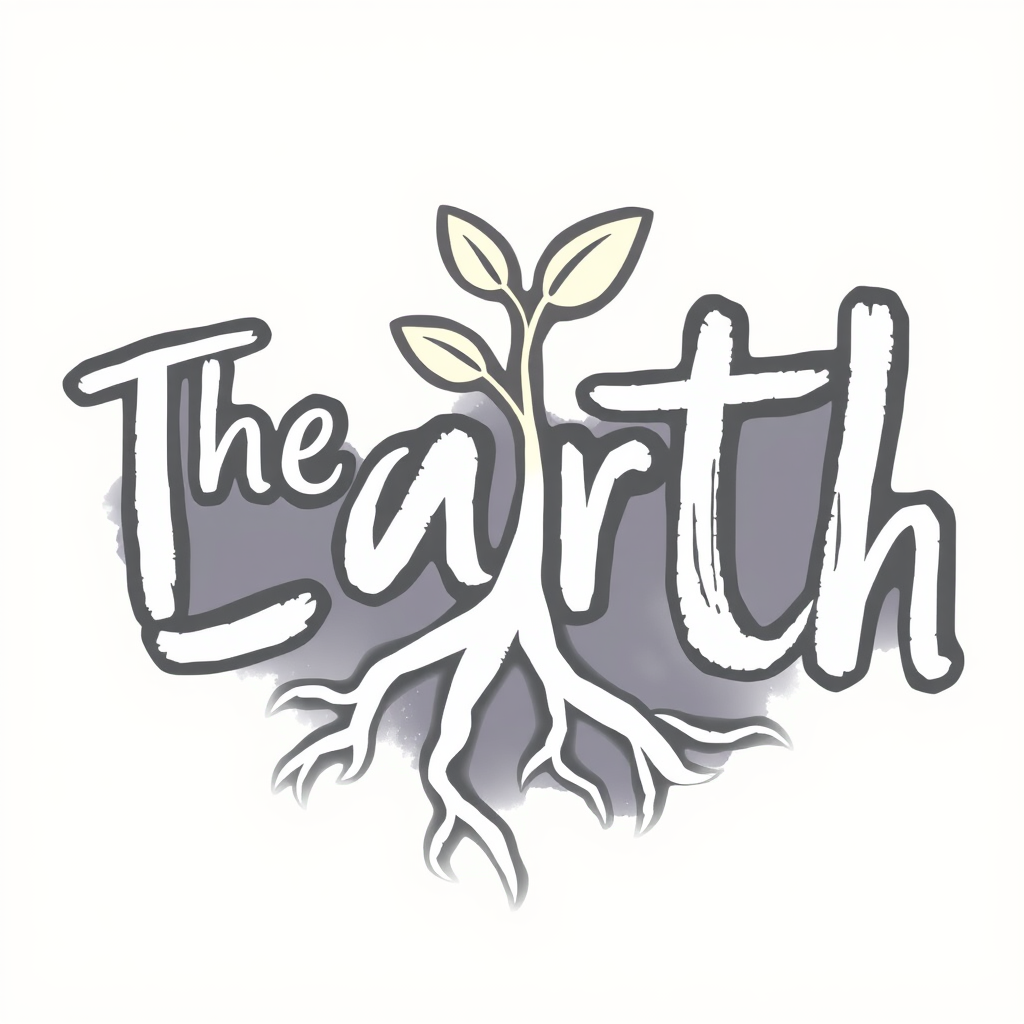 The word 'Earth' hand-lettered with bold, organic strokes, where one of the letters extends into a sprouting plant or root system.