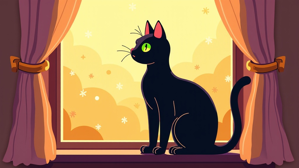 The image is a digital illustration of a black cat sitting on a window sill. The cat is facing towards the right side of the image and is looking out the window with a curious expression. The window is covered with orange curtains with gold ribbons tied in a bow on either side. The background is a warm yellow color with small white snowflakes scattered across it. The overall style of the illustration is cartoon-like and whimsical.