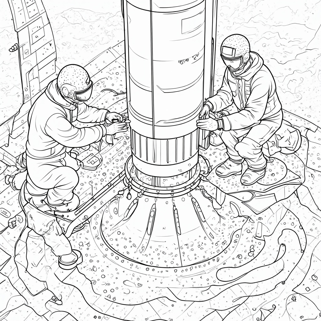 Coloring Page Design Idea 2: Pre-Flight Technicians. Scene: Ground crew in protective suits performing final checks at the rocket's base or on access platforms. Details: Technicians, tools, equipment, cabling, platform textures.
