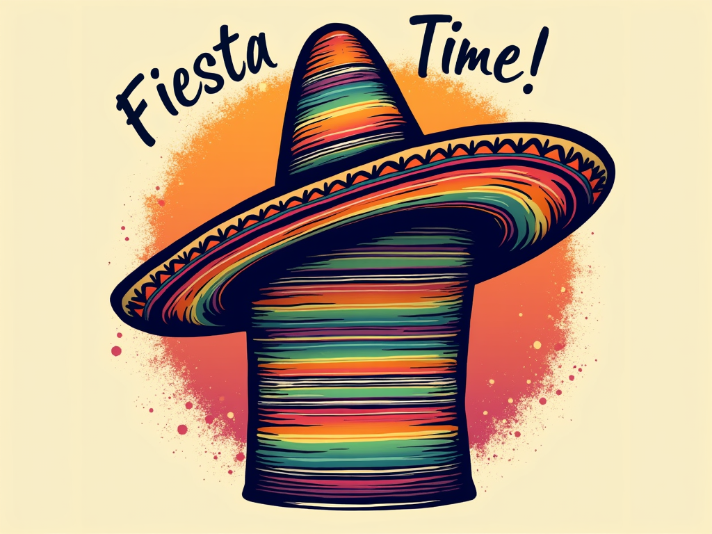 A design where the serape's colorful striped pattern forms the background or fill for a large sombrero outline, possibly with 'Fiesta Time!' or 'Cinco de Mayo' in a festive font.