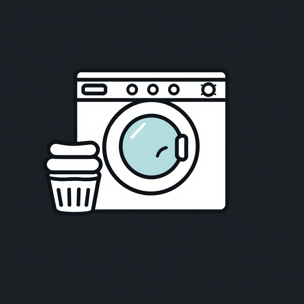 The image shows a washing machine with a cup of coffee in front of it, set against a black background.