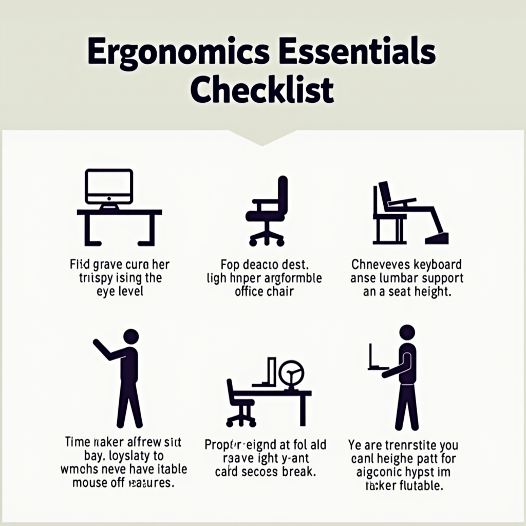 Design an infographic poster using clear icons and minimal text to illustrate key ergonomic tips: monitor height, chair adjustments, keyboard/mouse placement, and taking regular breaks. Title: 'Ergonomics Essentials Checklist'.