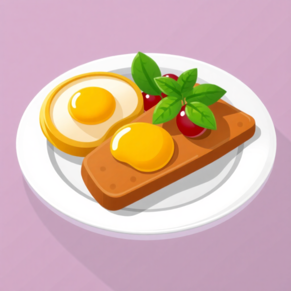 The image is an illustration of a plate with two fried eggs on it. The plate is white and round, and the eggs are placed on top of a slice of bread. The bread is brown and appears to be toasted. On top of the bread, there are two small red berries and a sprig of basil. The eggs are golden brown and have a runny yolk. The background is a light purple color. The overall style of the image is flat and cartoon-like.