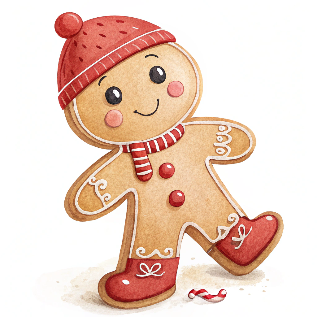 The image shows a watercolor painting of a gingerbread man wearing a red hat and scarf, set against a white background.