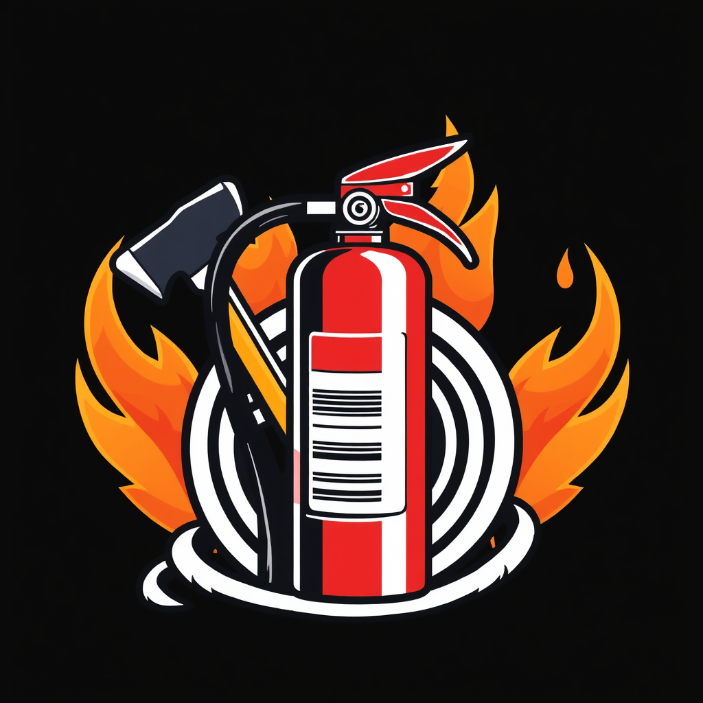 Incorporate flames subtly behind the axe and hose to indicate fire, but making the extinguisher prominent to convey the idea of fire suppression.