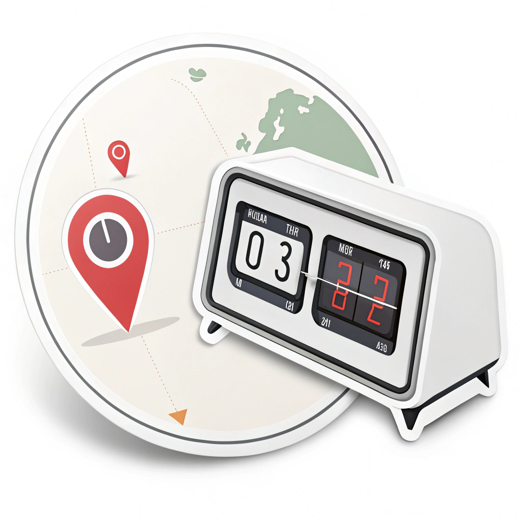 'Retro Flip Clock & Map Snippet': A split-design sticker. One section displays the time using a retro flip-clock animation or static style, while the adjacent section shows a small, stylized, non-interactive map snippet of the location.