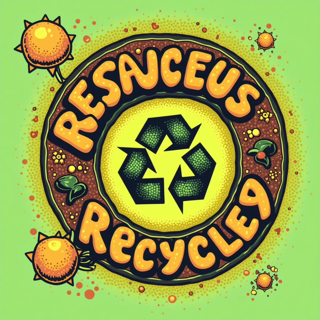 A 70s pop art inspired T-shirt with bold, graphic symbols for 'Reduce, Reuse, Recycle'. Employ a vibrant retro color palette (e.g., avocado green, harvest gold) and funky, rounded lettering.