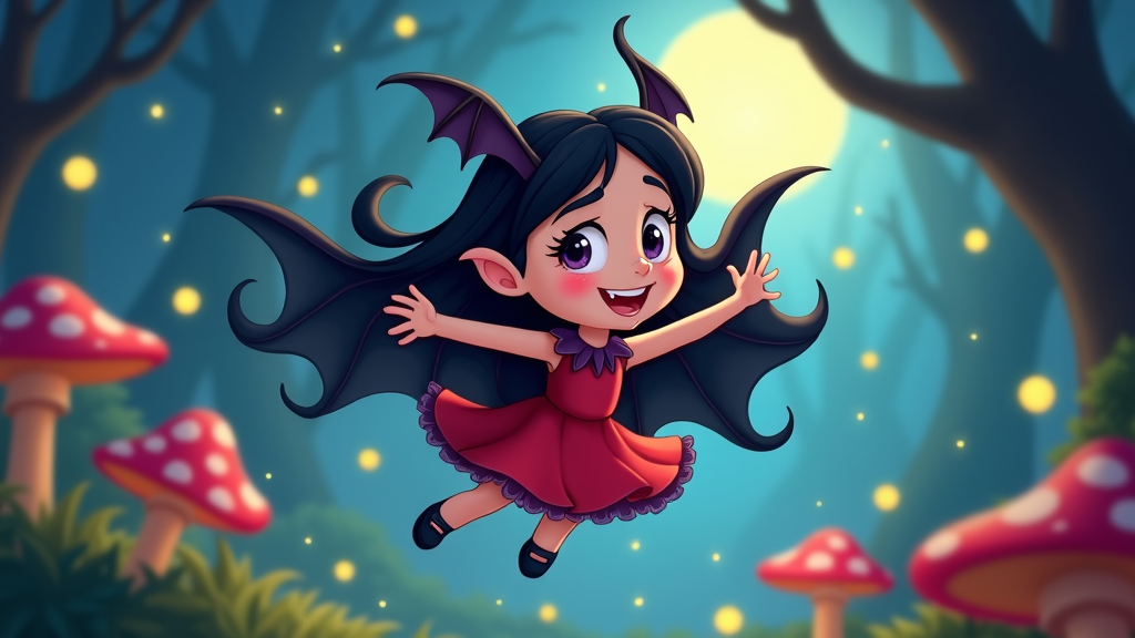 The image is a digital illustration of a cute little girl with long black hair and bat wings. She is wearing a red dress and has a big smile on her face. The girl is in mid-air, with her arms stretched out to the sides and her legs slightly bent at the knees. She appears to be flying through a forest with trees and mushrooms in the background. The sky is blue and there are yellow stars twinkling in the distance. The overall mood of the image is magical and whimsical.