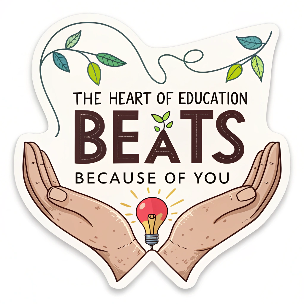 A sticker design showing hands gently cupping or forming a heart shape. Inside this heart-hand gesture, a small, glowing lightbulb or a sapling (symbolizing growth/ideas) is present. The text 'The Heart of Education Beats Because of You' frames the image.