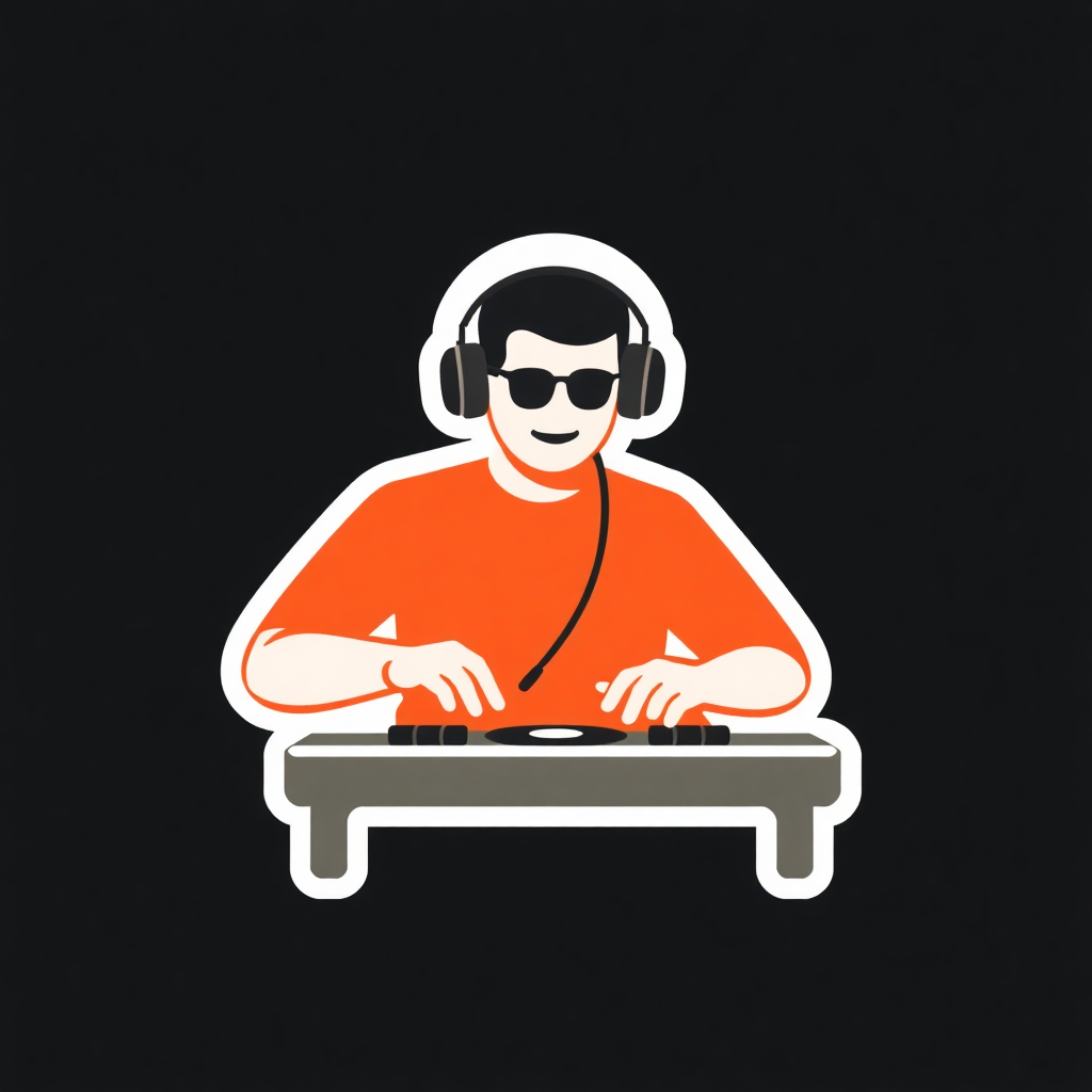 The image is an illustration of a DJ playing music on a turntable. The DJ is wearing an orange t-shirt and sunglasses, and has a pair of headphones on his head. He is sitting at the table with his hands on the turntables, and his eyes are closed as he plays. The background is black, and the image is in a simple, cartoon-like style.