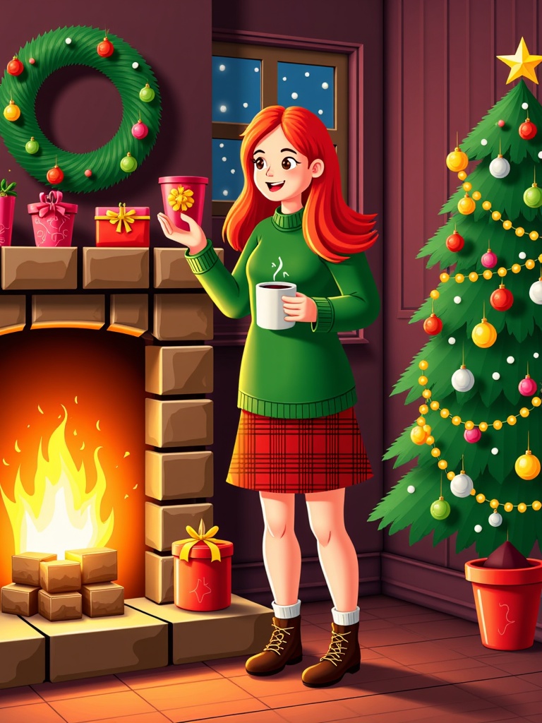  a young girl standing in front of a fireplace with a Christmas tree on the right side. She is wearing a green sweater, a red plaid skirt, and brown boots. She has long red hair and is holding a pink mug in her hand. The fireplace is decorated with a wreath, gift boxes, and a star on top. The Christmas tree is also decorated with colorful ornaments and lights. The room has a window with a blue curtain and a tiled floor. The overall mood of the image is festive and cozy.