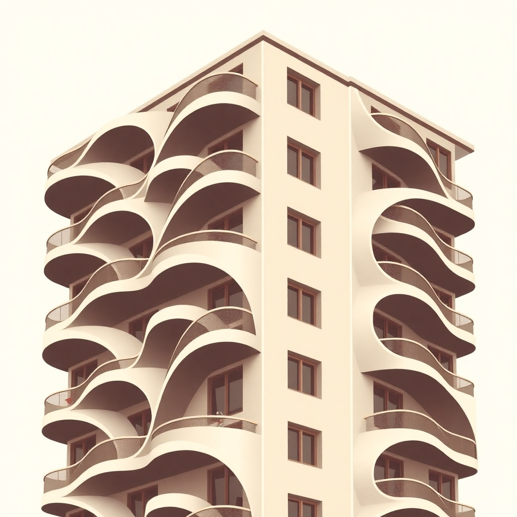 A building with a facade featuring a series of gently curving balconies, creating a sense of flow and movement.