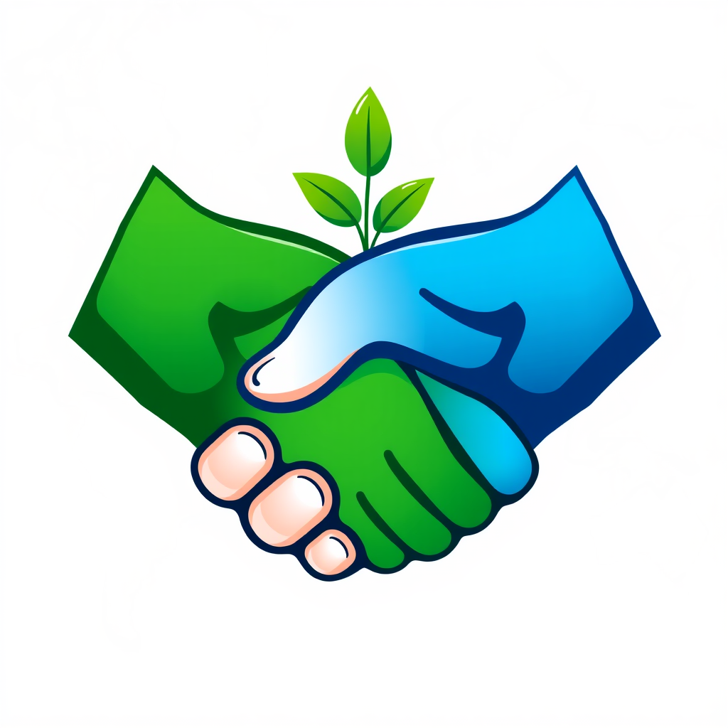 Growing Together Handshake Logo: Two hands, one green (representing nature) and one blue (representing climate/water), clasped or shaking, with a green sprout emerging from their connection. This visualizes growth through global cooperation, potentially on a subtle world map background.